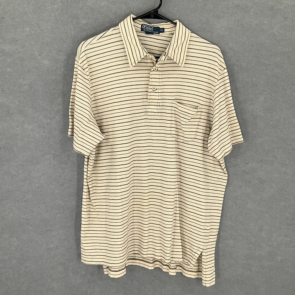 Polo Ralph Lauren Mens XL Striped Polo‎ Shirt Short Sleeve Casual Top Beige
